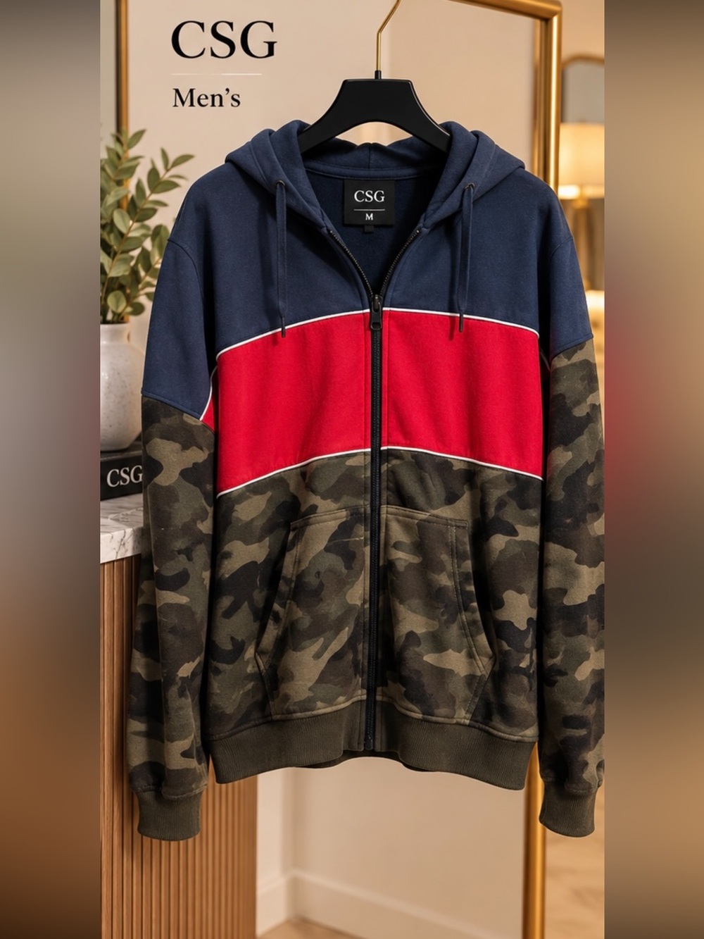CSG Men's Medium Navy, Red & Camo Full-Zip Hoodie